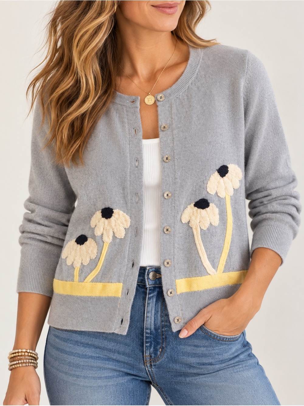 Field Flower Anthropologie Gray Cardigan Sweater Floral Applique Angora M